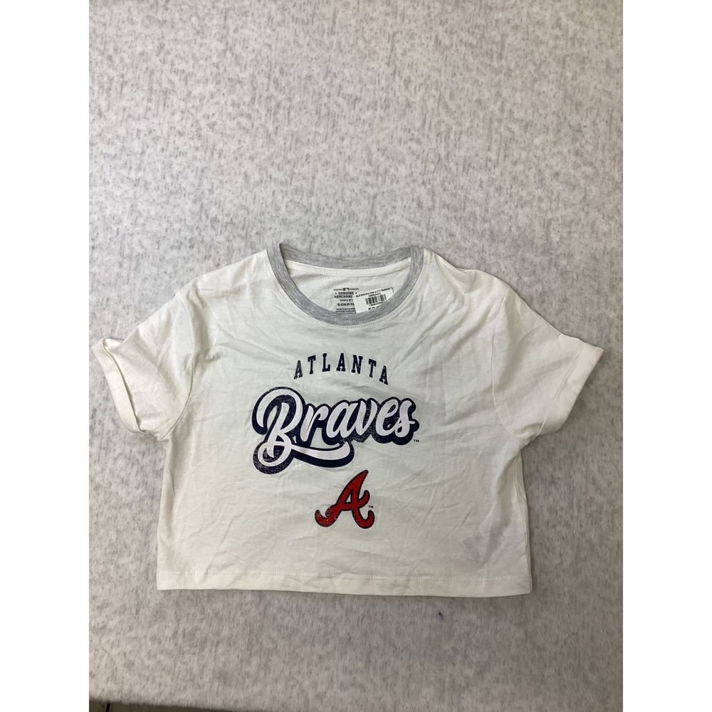 MLB Atlanta Braves Kids Girls Small 7/8‎ White Cropped Ringer T-Shirt Gen2 New